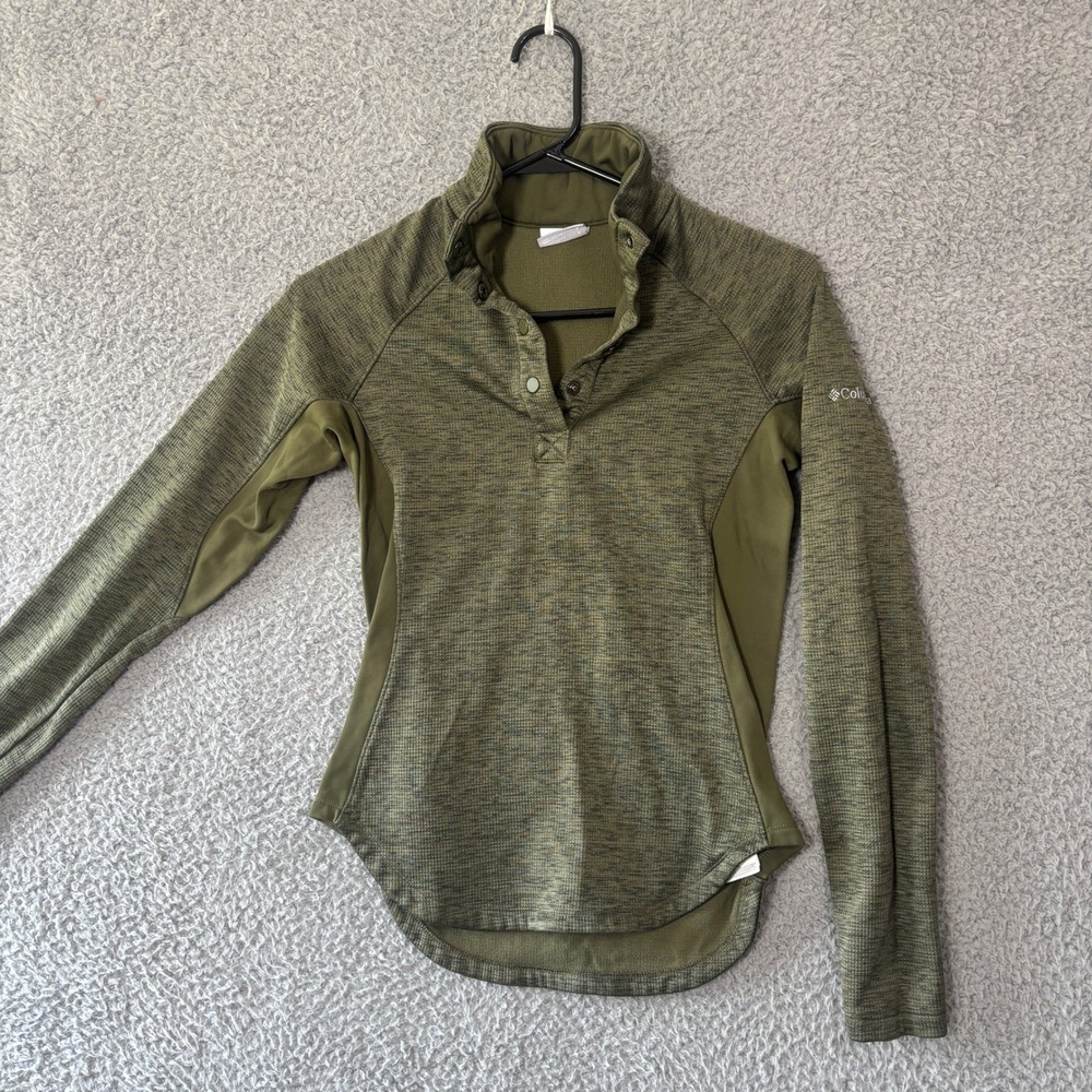 Columbia Womens Olive Green Snap Neck Fleece Pullover Waffle Knit Small 1583